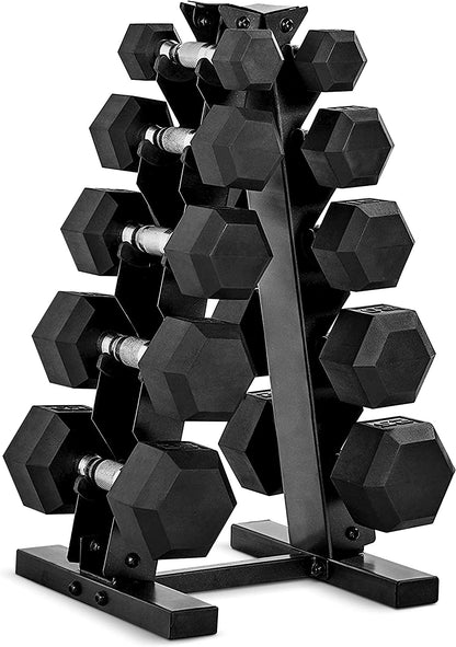 Full 150 Lb Rubber Coated Hex Dumbbell Weight Set with Vertical Rack | Chrome Handles