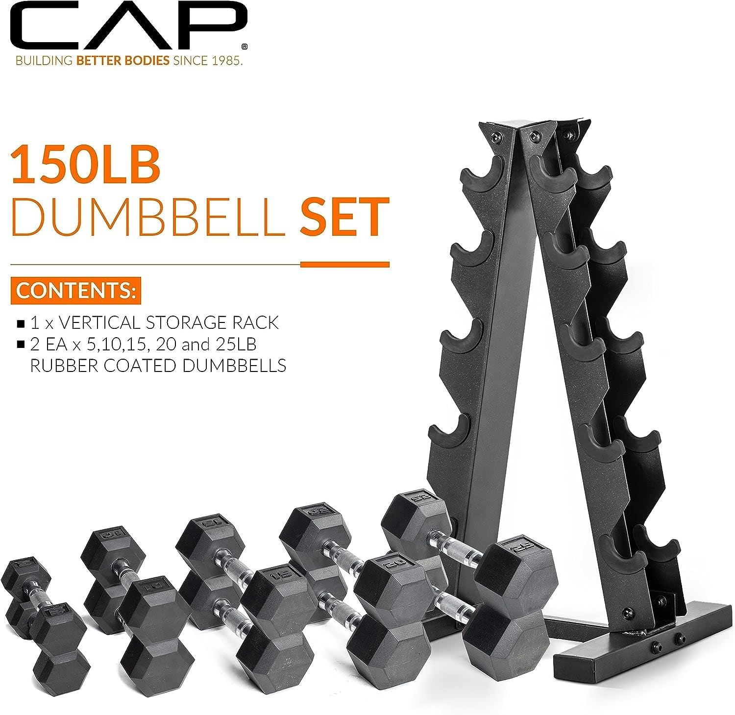 Full 150 Lb Rubber Coated Hex Dumbbell Weight Set with Vertical Rack | Chrome Handles